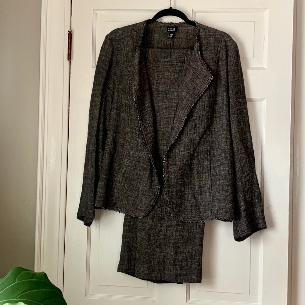 Eileen Fisher Linen Blend Suit Frayed Collar L